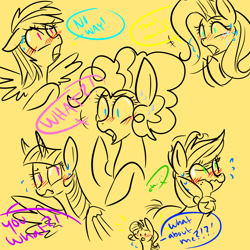 Size: 1000x1000 | Tagged: safe, artist:cycerina, imported from derpibooru, applejack, fluttershy, pinkie pie, rainbow dash, rarity, twilight sparkle, alicorn, pony, blushing, dialogue, female, mane six, mare, reaction, shocked, simple background, speech bubble, surprised, sweat, sweatdrop, twilight sparkle (alicorn), wavy mouth, yellow background