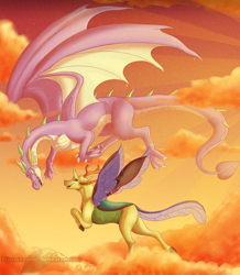 Size: 1200x1377 | Tagged: safe, artist:bijutsuyoukai, imported from derpibooru, spike, thorax, changedling, changeling, dragon, changeling x dragon, cloud, digital art, flying, gay, interspecies, king thorax, male, older, shipping, sky, sunset, thoraxspike, winged spike, wings