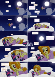 Size: 2564x3620 | Tagged: safe, artist:hakunohamikage, imported from derpibooru, adagio dazzle, twilight sparkle, alicorn, pony, ask-princesssparkle, adagilight, blushing, female, flying, high res, kissing, lesbian, moon, night, ponified, ponyville, scrunchy face, shipping, twilight sparkle (alicorn)