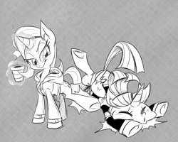 Size: 1280x1024 | Tagged: safe, artist:thegreatrouge, imported from derpibooru, trixie, twilight sparkle, alicorn, pony, unicorn, crossover, detroit: become human, face down ass up, faceplant, female, mare, monochrome, sketch, tripping, twilight sparkle (alicorn)