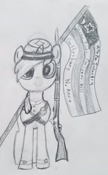 Size: 1876x3024 | Tagged: safe, artist:osha, imported from derpibooru, oc, oc:blueberry jay, unicorn, american civil war, army, clothes, female, flag, freckles, gun, maine, mare, musket, pencil drawing, rifle, traditional art, uniform, weapon