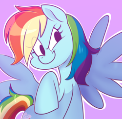 Size: 1072x1046 | Tagged: safe, artist:norithecat, imported from derpibooru, rainbow dash, pegasus, pony, cute, female, mare, purple background, simple background, smiling, solo