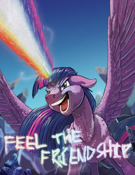 Size: 1484x1920 | Tagged: safe, artist:basiliskfree, imported from derpibooru, twilight sparkle, alicorn, pony, female, floppy ears, magic, magic blast, mare, open mouth, rainbow, solo, spread wings, taste the rainbow, text, twilight sparkle (alicorn), wings