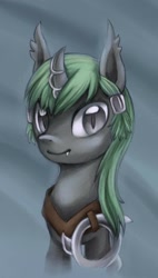 Size: 800x1408 | Tagged: safe, artist:ailish, imported from derpibooru, oc, oc:eclipse shade, bat pony, bat pony unicorn, hybrid, unicorn, bust, cat eyes, chakram, curved horn, fangs, green mane, horn jewelry, jewelry, male, portrait, silver eyes, slit eyes, slit pupils, weapon