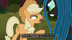 Size: 1103x618 | Tagged: safe, imported from derpibooru, screencap, mean applejack, queen chrysalis, changeling, changeling queen, the mean 6, clone, female, meme, youtube caption