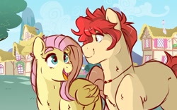 Size: 900x563 | Tagged: safe, artist:canisrettmajoris, imported from derpibooru, fluttershy, oc, oc:buck, earth pony, pegasus, pony, digital art, duo, female, looking at each other, male, mare, mother and son, next generation, offspring, open mouth, parent:braeburn, parent:fluttershy, parents:braeshy, stallion, story included