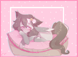 Size: 2102x1556 | Tagged: safe, artist:emily-826, imported from derpibooru, oc, oc only, oc:kitty, pegasus, pony, female, mare, one eye closed, pillow, prone, solo