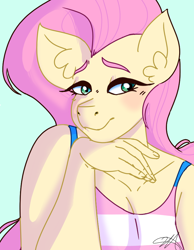 Size: 690x890 | Tagged: safe, artist:lxxjunebugxxl, imported from derpibooru, fluttershy, anthro, blue background, clothes, female, shirt, simple background, solo