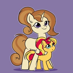 Size: 1000x1000 | Tagged: safe, artist:little-tweenframes, deleted from derpibooru, imported from derpibooru, cinnamon chai, sunset shimmer, pony, unicorn, series:sciset diary, cute, female, filly, filly sunset shimmer, headcanon, mare, mother and daughter, shimmerbetes, simple background, smiling, younger