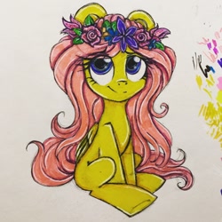 Size: 960x960 | Tagged: safe, artist:grelkachesh, imported from derpibooru, fluttershy, pegasus, pony, female, floral head wreath, flower, folded wings, looking up, mare, missing cutie mark, sitting, smiling, solo, traditional art