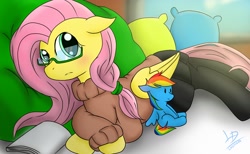 Size: 1558x960 | Tagged: dead source, safe, artist:lazyin26, imported from derpibooru, fluttershy, rainbow dash, pegasus, pony, book, clothes, cute, female, folded wings, glasses, looking at you, mare, moe, pantyhose, pillow, plushie, pony plush, pony plushie, prone, reading, reading glasses, skirt, solo, stockings, sweater, sweatershy, thigh highs