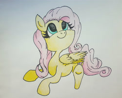 Size: 3681x2978 | Tagged: safe, artist:lindselaine, imported from derpibooru, fluttershy, pegasus, pony, female, looking up, mare, prone, smiling, solo, traditional art, wings
