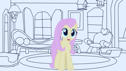 Size: 1672x943 | Tagged: safe, artist:tiarawhy, imported from derpibooru, fluttershy, pegasus, pony, downloadable, explicit source, female, fluttershy's cottage, mare, open mouth, pony waifu sim, sketch, smiling, solo, style emulation, wip