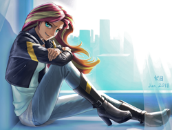 Size: 1280x960 | Tagged: safe, artist:murskme, edit, editor:mjolnir312, imported from derpibooru, sunset shimmer, human, equestria girls, angled leg, beautiful, boots, clothes, female, grin, high heel boots, high heels, human coloration, humanized, jacket, leaning, leaning on something, leather jacket, looking at you, photoshop, shoes, side view, sitting, smiling, smirk, solo, window