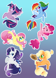 Size: 1500x2100 | Tagged: safe, artist:karzii, imported from derpibooru, applejack, fluttershy, pinkie pie, rainbow dash, rarity, twilight sparkle, alicorn, seapony (g4), cowboy hat, eyes closed, female, gradient background, hat, looking at you, mane six, seaponified, seapony applejack, seapony fluttershy, seapony pinkie pie, seapony rainbow dash, seapony rarity, seapony twilight, species swap, twilight sparkle (alicorn), watermark