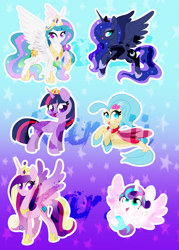 Size: 1500x2100 | Tagged: safe, artist:karzii, imported from derpibooru, princess cadance, princess celestia, princess flurry heart, princess luna, princess skystar, twilight sparkle, alicorn, seapony (g4), my little pony: the movie, alicorn tetrarchy, baby, chibi, crown, cute, cutedance, cutelestia, diaper, female, filly, flurrybetes, jewelry, looking at you, lunabetes, mare, regalia, skyabetes, tiara, twiabetes, twilight sparkle (alicorn), watermark