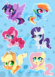 Size: 1500x2100 | Tagged: safe, artist:karzii, imported from derpibooru, applejack, fluttershy, pinkie pie, rainbow dash, rarity, twilight sparkle, alicorn, earth pony, pegasus, pony, unicorn, chibi, cowboy hat, female, flying, hat, mane six, mare, twilight sparkle (alicorn)