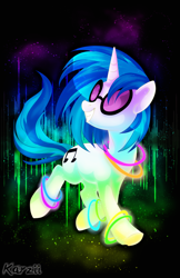 Size: 600x927 | Tagged: safe, alternate version, artist:karzii, imported from derpibooru, dj pon-3, vinyl scratch, pony, unicorn, female, glow rings, mare, smiling, solo