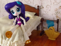 Size: 1600x1200 | Tagged: safe, artist:whatthehell!?, imported from derpibooru, rarity, equestria girls, beach, bed, bedroom, clothes, doll, equestria girls minis, handbag, irl, photo, sandals, sarong, swimsuit, toy