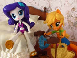 Size: 1600x1200 | Tagged: safe, artist:whatthehell!?, imported from derpibooru, applejack, rarity, equestria girls, beach, bed, bedroom, boots, clothes, doll, equestria girls minis, handbag, irl, photo, sandals, sarong, shoes, skirt, swimsuit, toy