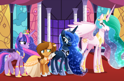 Size: 1500x978 | Tagged: safe, artist:sugaryicecreammlp, imported from derpibooru, princess celestia, princess luna, twilight sparkle, oc, oc:sugary icecream, alicorn, pegasus, pony, big crown thingy, clothes, dress, facial hair, female, gala dress, jewelry, mare, moustache, regalia, scrunchy face, twilight sparkle (alicorn)