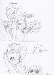 Size: 1618x2259 | Tagged: safe, artist:dilarus, deleted from derpibooru, imported from derpibooru, fluttershy, rainbow dash, pegasus, pony, sonic rainboom (episode), beanbrows, black and white, bust, dialogue, duo, eyebrows, eyes closed, female, grayscale, louder, mare, monochrome, pencil drawing, question mark, scene interpretation, simple background, smoldash, stick figure, stickmare, tallershy, traditional art, white background, yelling