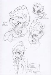 Size: 1673x2432 | Tagged: safe, artist:dilarus, deleted from derpibooru, imported from derpibooru, applejack, earth pony, pony, :p, black and white, cowboy hat, crossed hooves, dead parents, expressions, eyes closed, female, foal, grayscale, hat, laughing, mare, monochrome, my parents are dead, pencil drawing, phone number, raised hoof, sad, sign, silly, silly pony, simple background, solo, tongue out, traditional art, white background, who's a silly pony