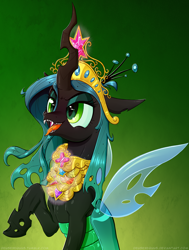 Size: 1000x1323 | Tagged: safe, artist:deusexequus, imported from derpibooru, queen chrysalis, changeling, changeling queen, big crown thingy, crown, elements of harmony, female, happy, jewelry, regalia, solo, tongue out, xk-class end-of-the-world scenario