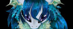 Size: 1024x419 | Tagged: safe, artist:zahpkiel, imported from derpibooru, oc, oc only, oc:mercury rain, kelpie, merpony, pony, black background, close-up, colored pupils, digital art, female, looking at you, mare, simple background, solo