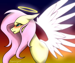 Size: 1200x1000 | Tagged: safe, artist:crazydragonlady09811, imported from derpibooru, fluttershy, pony, angel, crying, female, fluttershy the angel, halo, solo