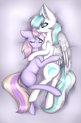 Size: 2290x3486 | Tagged: safe, artist:mimihappy99, imported from derpibooru, oc, oc only, oc:meridia, oc:twinklestar dust, pegasus, pony, unicorn, cute, female, lesbian, oc x oc, one eye closed, shipping