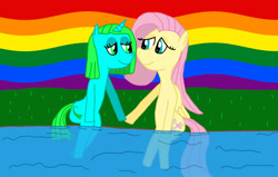 Size: 3474x2203 | Tagged: safe, artist:sb1991, imported from derpibooru, fluttershy, oc, oc:ocean blue, pegasus, pony, unicorn, canon x oc, challenge, equestria amino, female, gay pride flag, lesbian, lgbt, lidded eyes, pride, pride flag, pride month, sitting, water