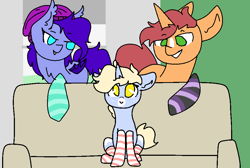 Size: 940x630 | Tagged: safe, artist:nootaz, imported from derpibooru, oc, oc:amplitude, oc:game guard, oc:nootaz, bat pony, pony, unicorn, bat pony oc, beanie, chest fluff, clothes, couch, gametaz, hat, meme, piper perri surrounded, sitting, socks, striped socks