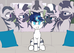 Size: 1835x1319 | Tagged: safe, artist:shinodage, edit, edited edit, imported from derpibooru, shining armor, pony, unicorn, zebra, bedroom eyes, bodypaint, couch, edit of an edit of an edit, eyes on the prize, implied gay, male, meme, night guard, pillow, piper perri surrounded, royal guard, sitting, smiling, striped, zebra supremacy, zebradom