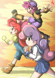 Size: 2894x4093 | Tagged: safe, artist:ryured, imported from derpibooru, apple bloom, scootaloo, sweetie belle, human, boots, clothes, cute, cutie mark crusaders, fingerless gloves, gloves, helmet, humanized, open mouth, overalls, rollerblades, school uniform, shoes, shorts