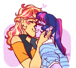 Size: 1237x1101 | Tagged: safe, artist:blueberry-ghost, artist:ghostofblueberries, imported from derpibooru, sci-twi, sunset shimmer, twilight sparkle, equestria girls, equestria girls series, blushing, cute, eyes closed, female, heart, kissing, lesbian, nail polish, piercing, scitwishimmer, shimmerbetes, shipping, sunsetsparkle, twiabetes