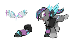 Size: 3075x1788 | Tagged: safe, artist:captainhoers, imported from derpibooru, oc, oc only, oc:keyphrase, cyborg, pegasus, pony, amputee, augmented, clothes, commission, cutie mark, cyberpunk, female, jacket, multicolored mane, multicolored tail, neon, prosthetic limb, prosthetic wing, prosthetics, reference sheet, simple background, solo, transparent background, wings