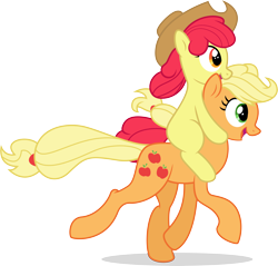 Size: 7208x6889 | Tagged: safe, artist:illumnious, artist:kp-shadowsquirrel, imported from derpibooru, apple bloom, applejack, earth pony, pony, absurd resolution, accessory swap, apple bloom riding applejack, cowboy hat, duo, filly, hat, open mouth, ponies riding ponies, riding, running, siblings, simple background, sisters, stetson, transparent background, vector