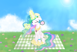 Size: 895x607 | Tagged: safe, artist:yunyeyoung, imported from derpibooru, princess celestia, alicorn, pony, chest fluff, cup, cute, cutelestia, eyes closed, female, floppy ears, food, hat, heart, magic, mare, picnic, picnic blanket, pictogram, sitting, smiling, solo, speech bubble, tea, teacup, telekinesis