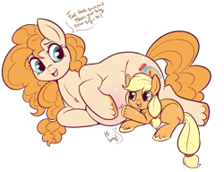 Size: 933x717 | Tagged: safe, artist:lulubell, imported from derpibooru, applejack, pear butter, earth pony, pony, cute, female, filly, filly applejack, foal, implied apple bloom, jackabetes, listening, mare, mother and daughter, pearabetes, pregnant, pregnant pear butter, simple background, transparent background, unshorn fetlocks, younger