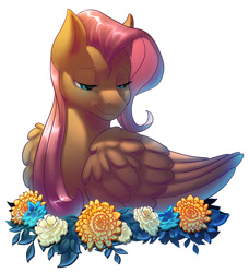 Size: 700x769 | Tagged: safe, artist:rugissang, imported from derpibooru, fluttershy, pony, female, flower, looking down, mare, simple background, solo, white background
