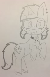 Size: 1882x2847 | Tagged: safe, artist:lightning135, imported from derpibooru, oc, oc only, oc:midnight emerald, pony, unicorn, bowtie, freckles, pigtails, solo, tongue out, traditional art