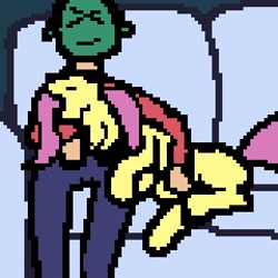 Size: 320x320 | Tagged: safe, artist:php106, imported from derpibooru, fluttershy, oc, oc:anon, cute, happy, lap, pixel art, relaxing