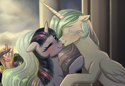 Size: 2164x1488 | Tagged: safe, artist:verawitch, imported from derpibooru, princess cadance, princess celestia, twilight sparkle, alicorn, pony, blushing, eyes closed, female, floppy ears, lesbian, licking, mare, missing accessory, shipping, tongue out, twilestia, twilight sparkle (alicorn)