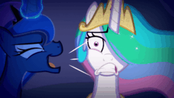 Size: 1500x843 | Tagged: safe, artist:2snacks, imported from derpibooru, princess celestia, princess luna, alicorn, two best sisters play, animated, eyes closed, female, friday the 13th, gif, gritted teeth, hair over one eye, mare, open mouth, royal sisters, shaking, traditional royal canterlot voice, yelling, youtube link