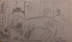 Size: 1423x843 | Tagged: safe, artist:ambient beat, artist:erik grove, imported from derpibooru, allie way, oc, oc:ambient beat, unicorn, emp museum, monochrome, night, pencil drawing, seattle, shy, space needle, traditional art