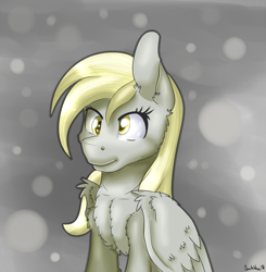 Size: 1058x1080 | Tagged: safe, artist:sintakhra, imported from derpibooru, derpy hooves, pegasus, pony, abstract background, chest fluff, cute, female, fluffy, mare, sitting, solo