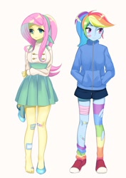 Size: 1447x2047 | Tagged: safe, artist:yam, imported from derpibooru, fluttershy, rainbow dash, equestria girls, bandaid, breasts, busty fluttershy, clothes, converse, feet, female, flutterdash, high heels, lesbian, rainbow socks, shipping, shoes, simple background, skirt, sneakers, socks, striped socks, sweater