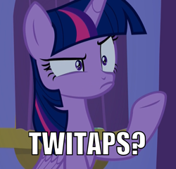 Size: 1126x1079 | Tagged: safe, anonymous artist, imported from derpibooru, twilight sparkle, alicorn, pony, female, image macro, implied shipping, meme, solo, twilight sparkle (alicorn), twitaps