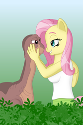 Size: 3495x5243 | Tagged: safe, artist:sergeant16bit, imported from derpibooru, fluttershy, anthro, dinosaur, pegasus, pony, reptile, apatosaurus, crossover, cuddling, don bluth, female, foliage, gradient background, leaves, littlefoot, male, the land before time